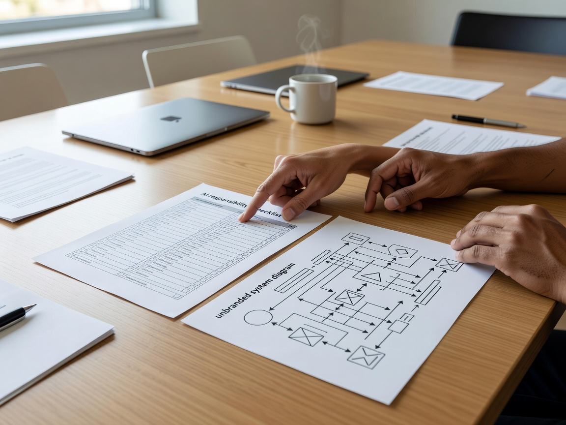 Hands reviewing an AI responsibility checklist and unbranded system diagram at a daylight meeting table