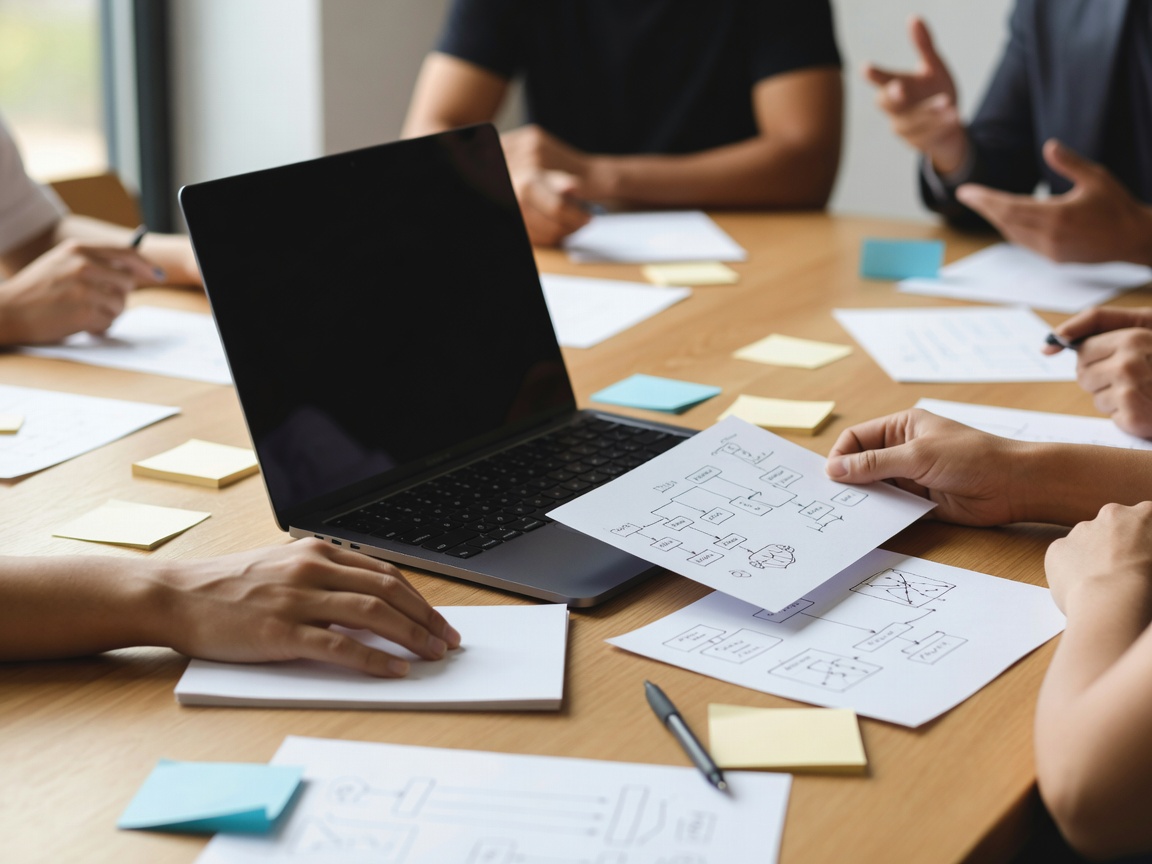 Hands arranging process notes beside an unbranded laptop during an AI project planning discussion