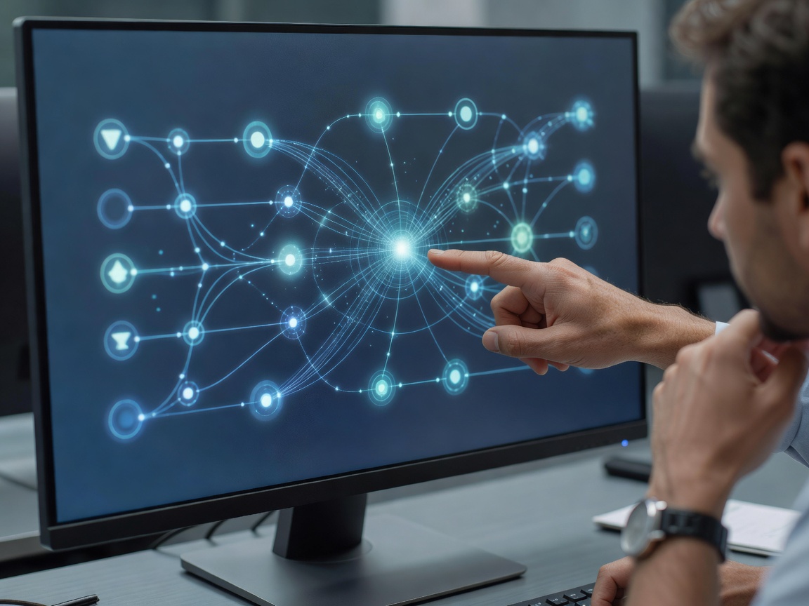 Unbranded workflow diagram on a desktop screen beside colleagues' hands reviewing an approval process