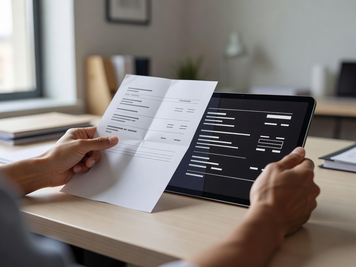 Hands comparing a printed form with extracted fields on an unbranded screen in a naturally lit office