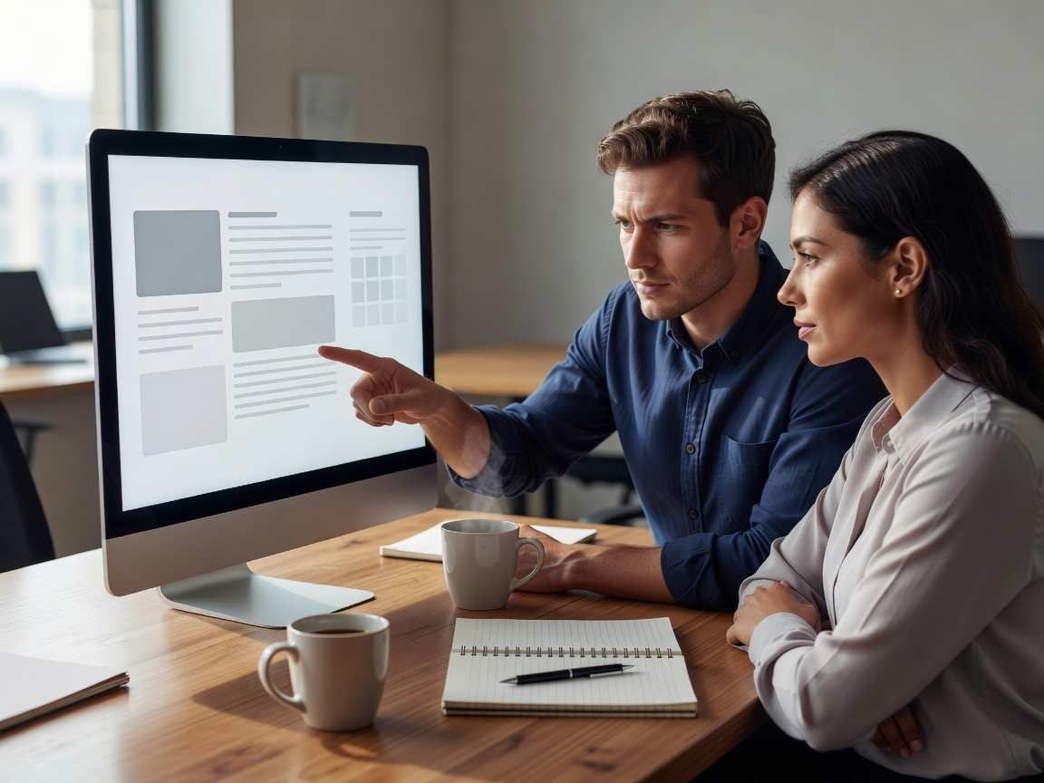 Unbranded knowledge assistant interface with source panels being reviewed at a naturally lit shared desk